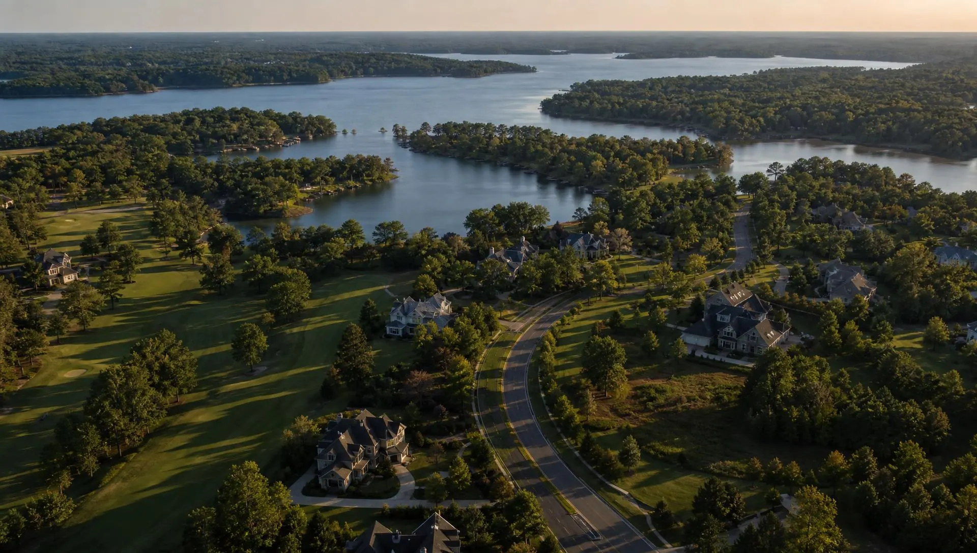 Aerial view of The Palisades — parkways, fairway corridors, and Lake Wylie beyond