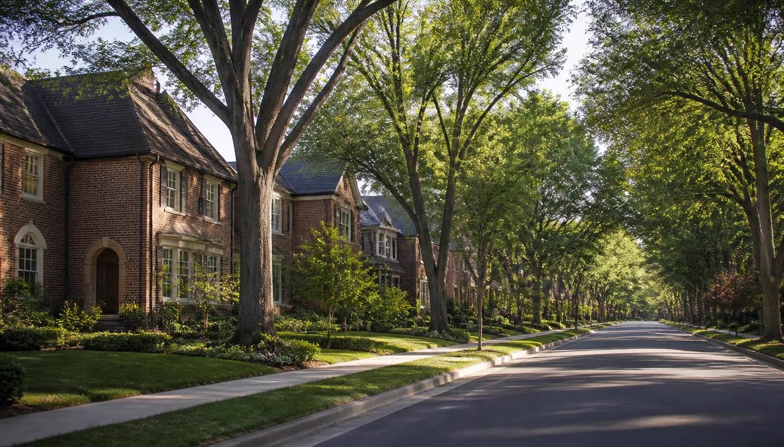 Tree-lined street of traditional brick homes in Briar Cliff on a summer morning