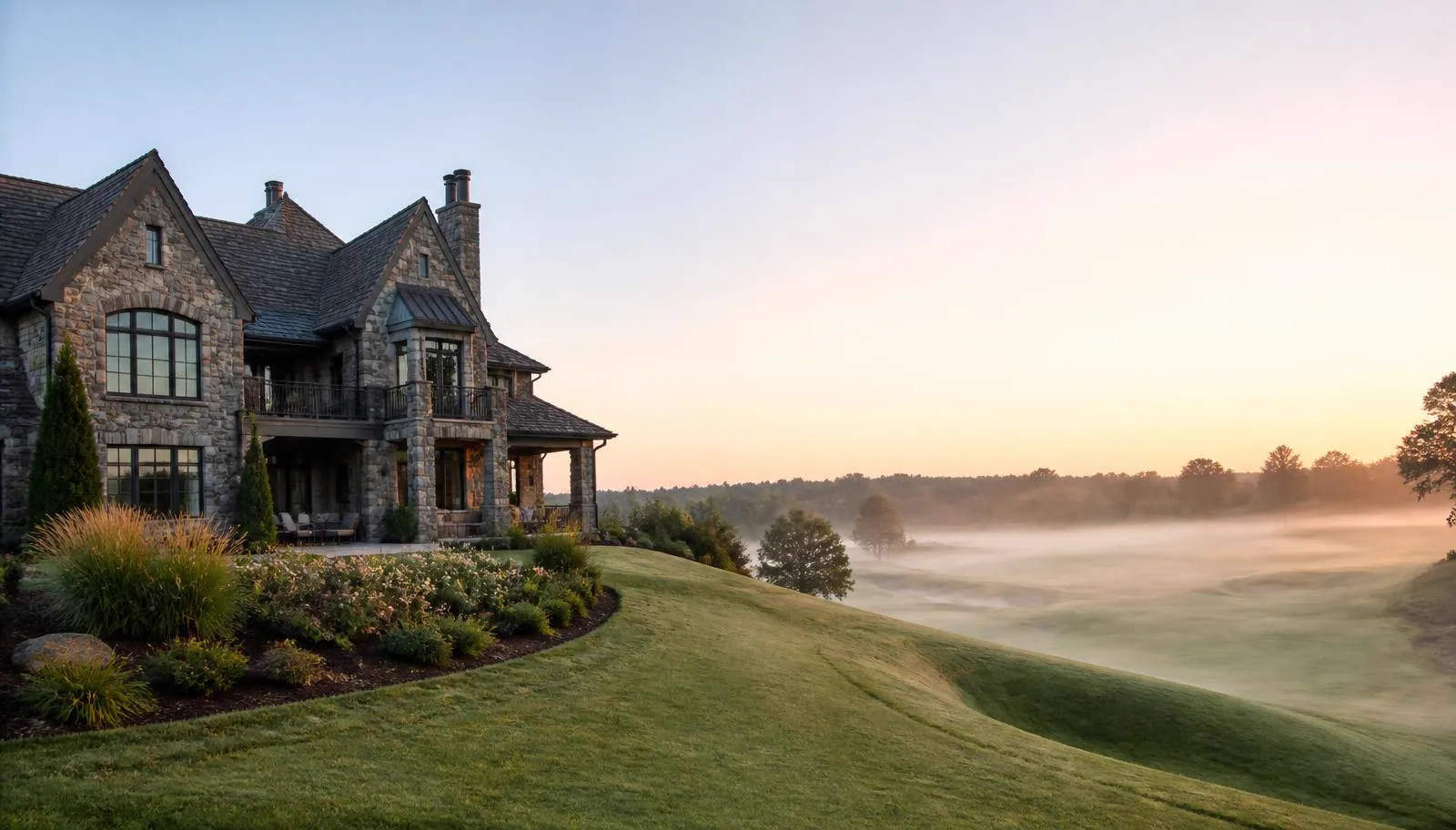 Stone and shingle home overlooking a misty golf fairway at sunrise in Eagles Landing