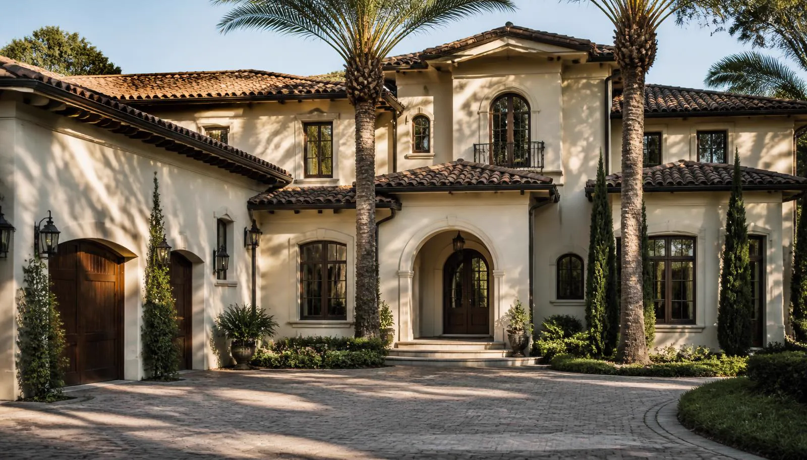 Mediterranean stucco home with tile roof, arched entry, and paver motor court in Marbella