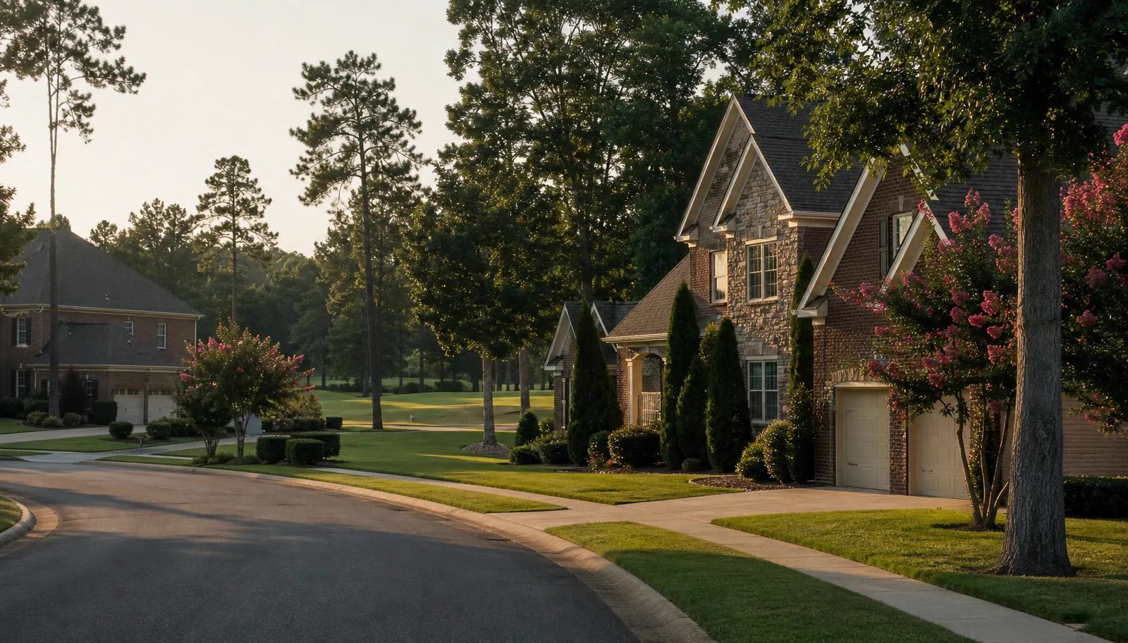 Brick and stone homes along a gated street with the golf fairway visible beyond in Montage