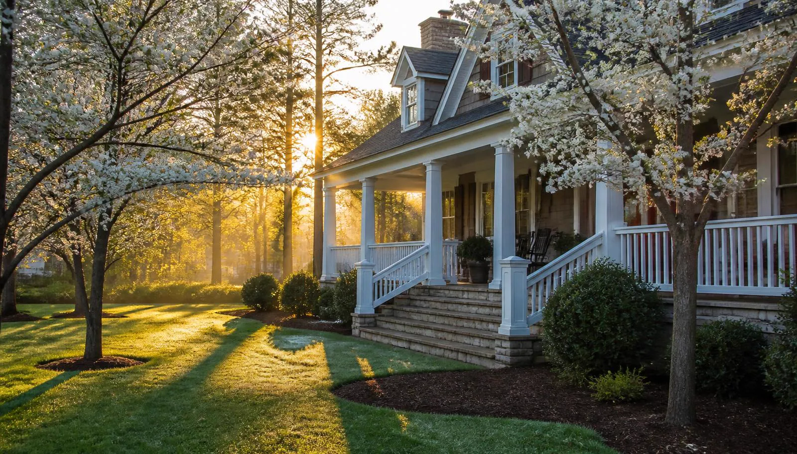 White-columned porch of a traditional home at sunrise among flowering dogwoods in Morningside
