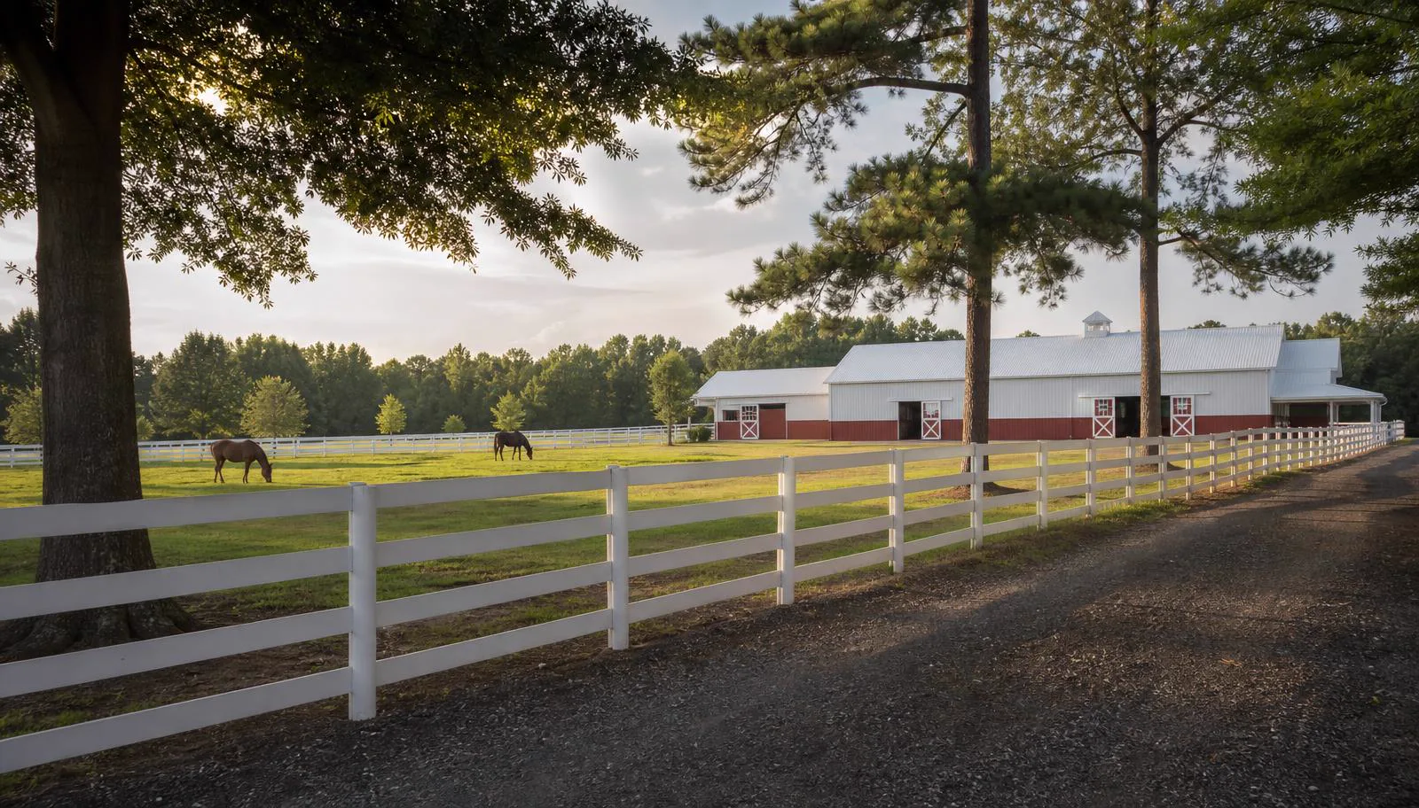 White-fenced paddocks and a timber horse barn with grazing horses at golden hour at The Ranch