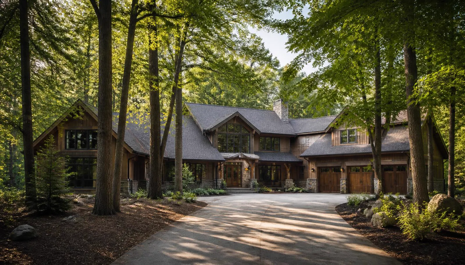 Cedar and stone custom home sited among tall mature hardwoods in TreeTops